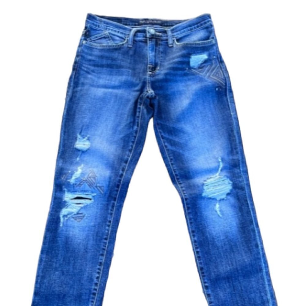 Rock & Republic EUC Skinny Jean Women's Blue Distressed  Embroidered Size 6